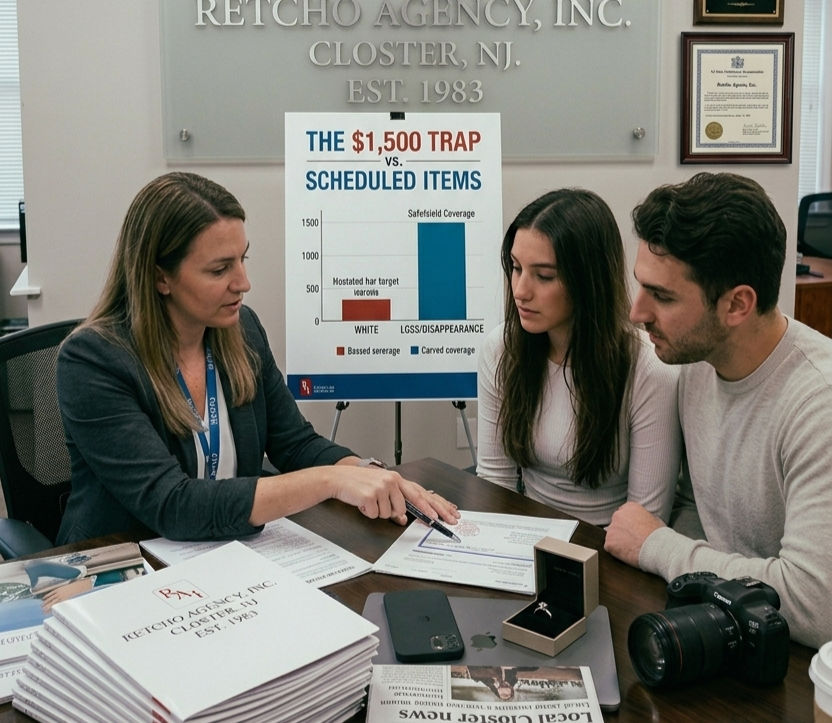 A woman in an office points to papers, explaining to a couple. A chart titled "THE $1,500 TRAP VS. SCHEDULED ITEMS" is visible in the background.