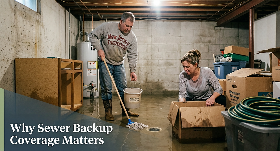 Flooded basement with man mopping and woman sorting boxes; text reads Why Sewer Backup Coverage Matters.