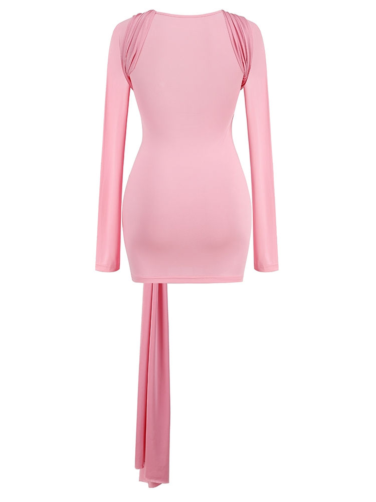 Thumbnail: Women Long Sleeve O-neck Draped Mini Dress Sexy Pink Crossed Rings Design