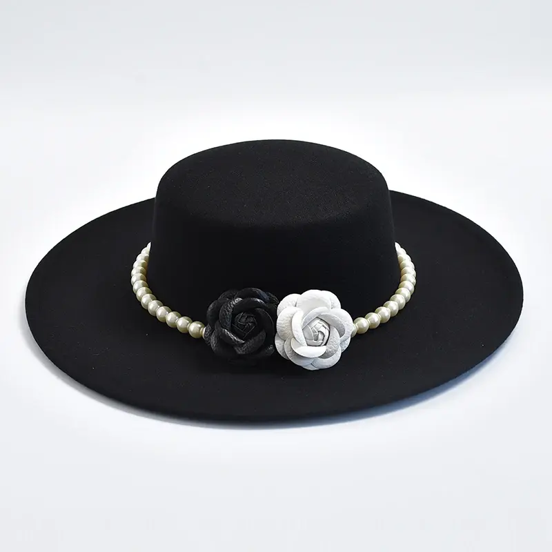 Thumbnail: French Style Fedora Women Hat 10CM Wide Brim Flat Top Felt