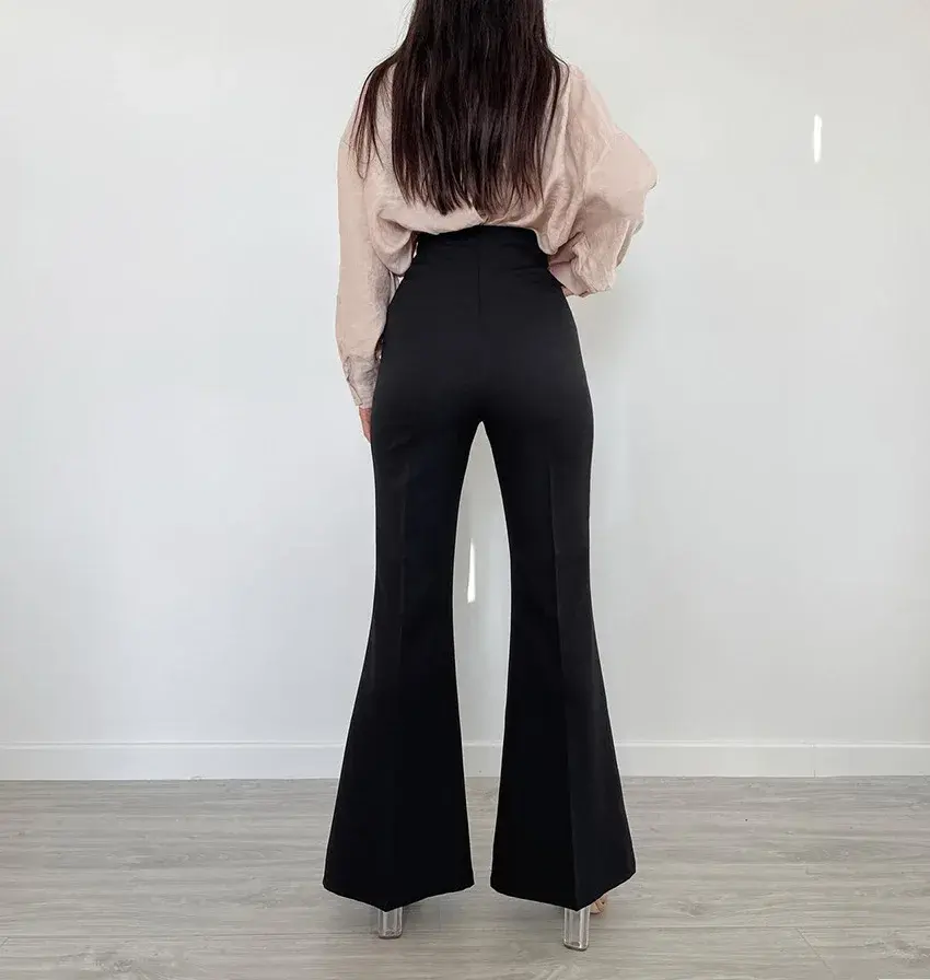 Thumbnail: Women High-waisted Bell-bottom Micro-flared Elastic Black Pants