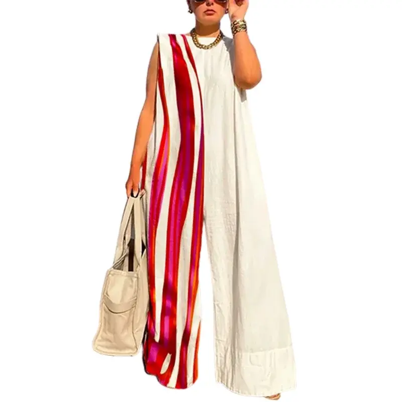 Thumbnail: Striped Contrast Color Wide Leg Jumpsuits