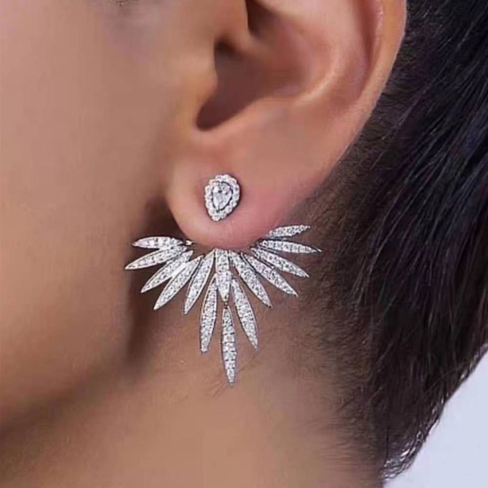 Elegant Cubic Zirconia Feather Earrings White Gold Color Crystal Zircon