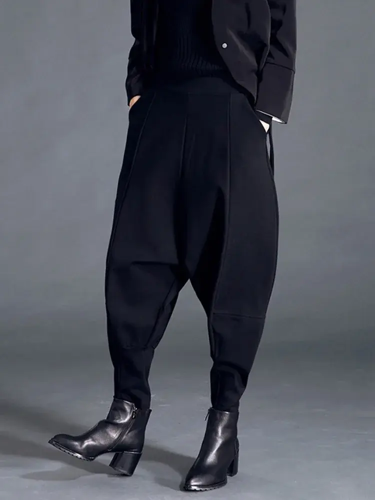 Thumbnail: High Elastic Waist Black Pocket Thick Patchwork  Harem Pants New Trousers