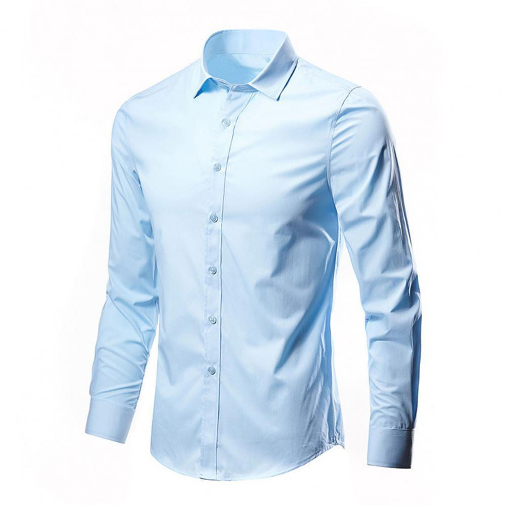 Men Shirt Long Sleeve Solid Color Button Single-breasted Cardigan Dress-up Casual
