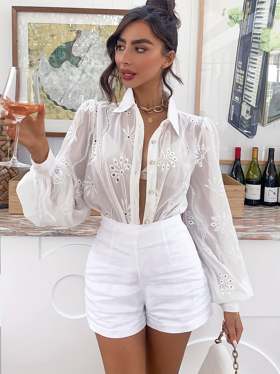 Thumbnail: Women Plus Size White Elegant Embroidered Shirt With Hollow Pattern Blouse