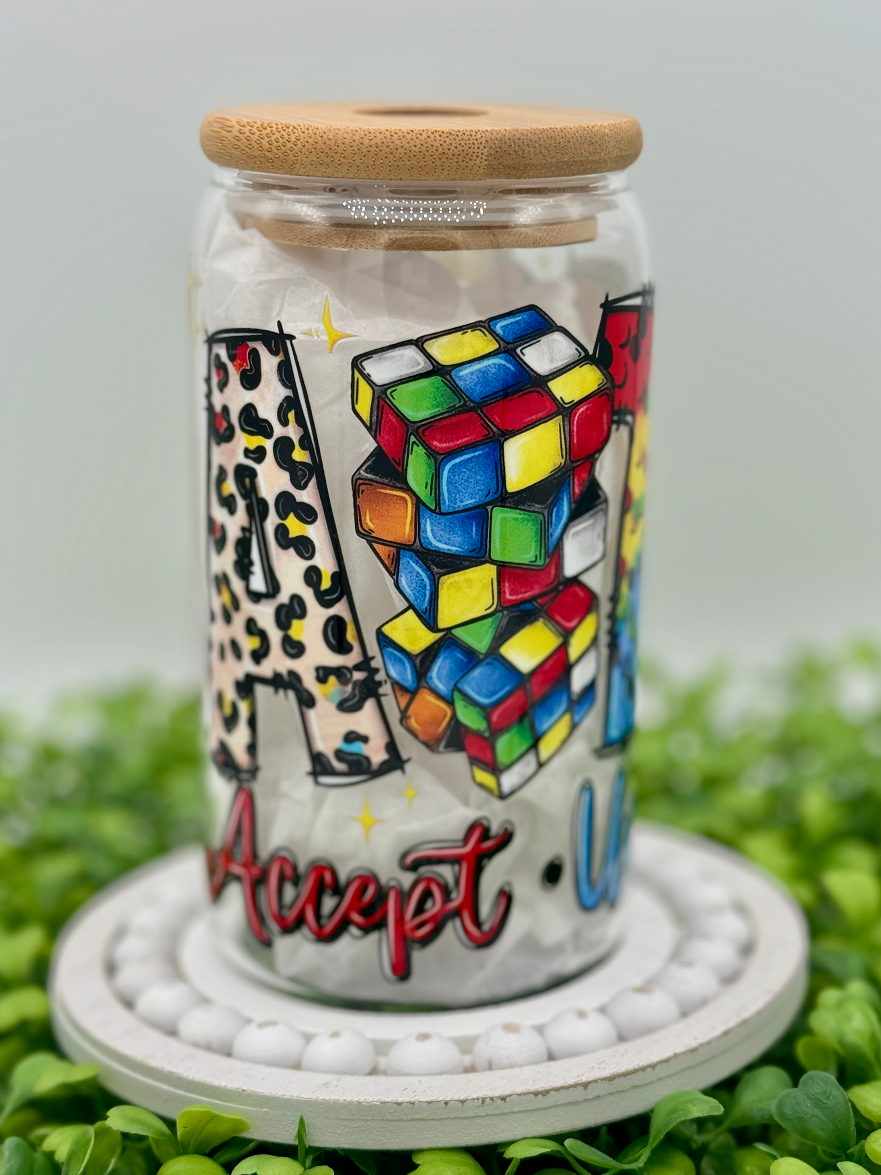 Autism Awareness in Full Color – 16 oz Glass Tumbler
