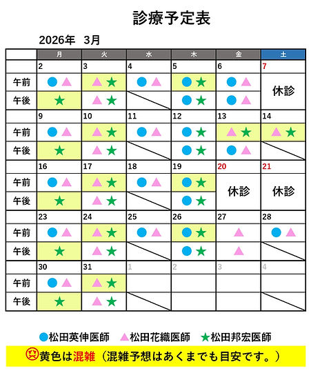 心療予定表　松田眼科医院