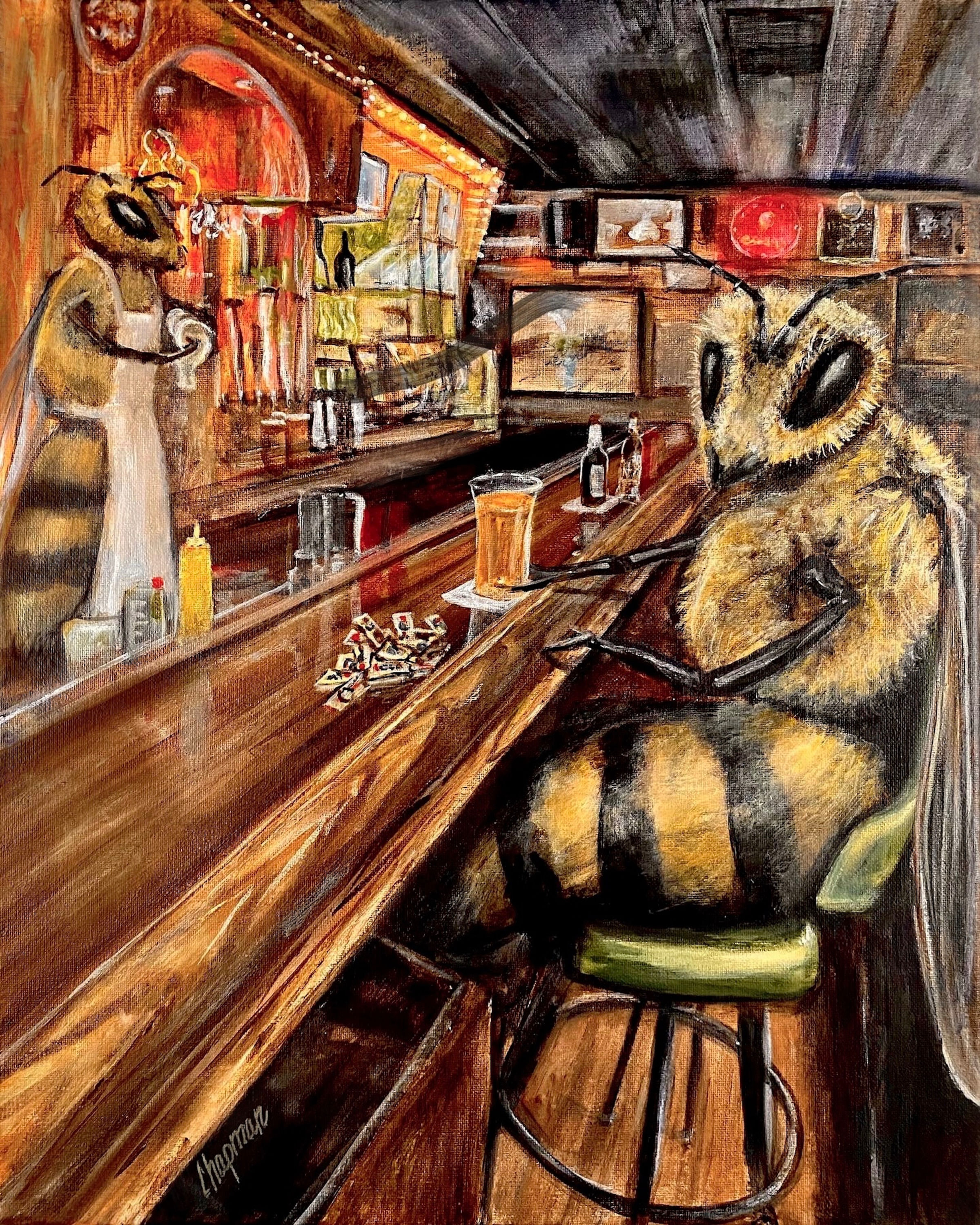 Bar bee. A bee sitting at a bar playing pull tabs drinking beer.
