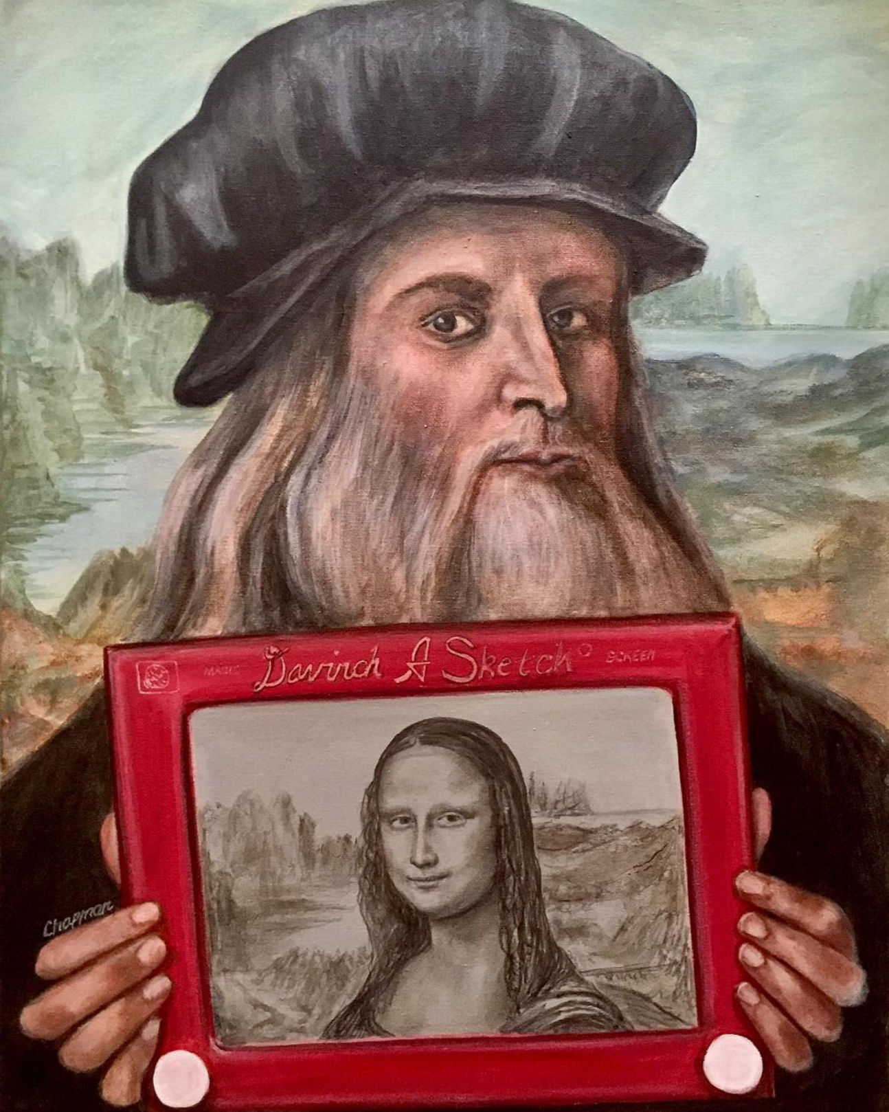 Davinch-a-Sketch Leonardo da Vinci sketches the Mona Lisa on a nature sketch.