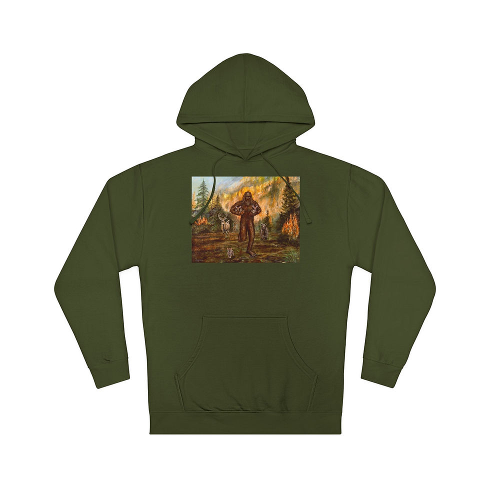 Thumbnail: Bigfoot saves baby animals from a forest fire. Unisex Hooded Sweatshirt