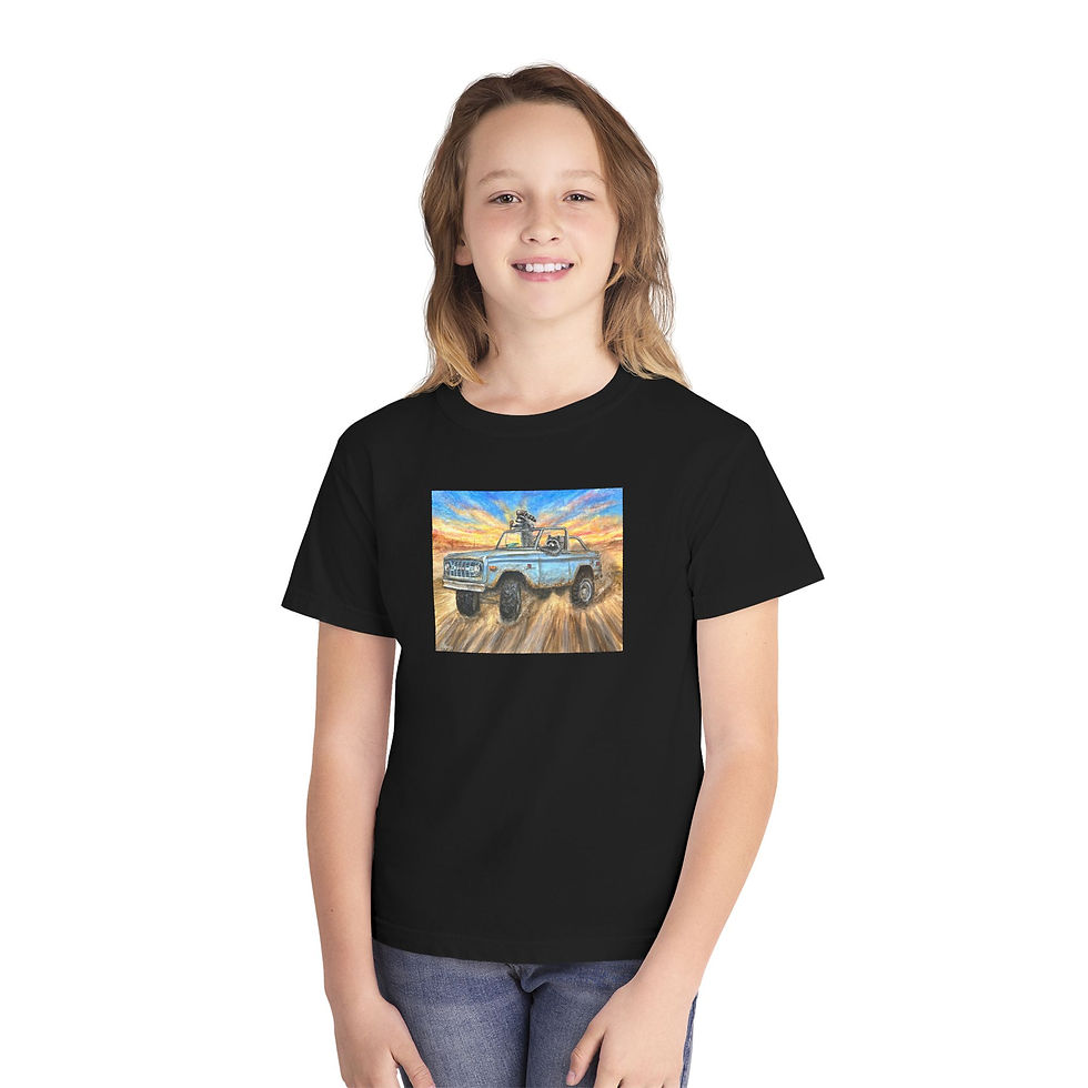 Thumbnail: Youth T-Shirt. Kip and Ricky in a bronco. Raccoons driving down a dirt road