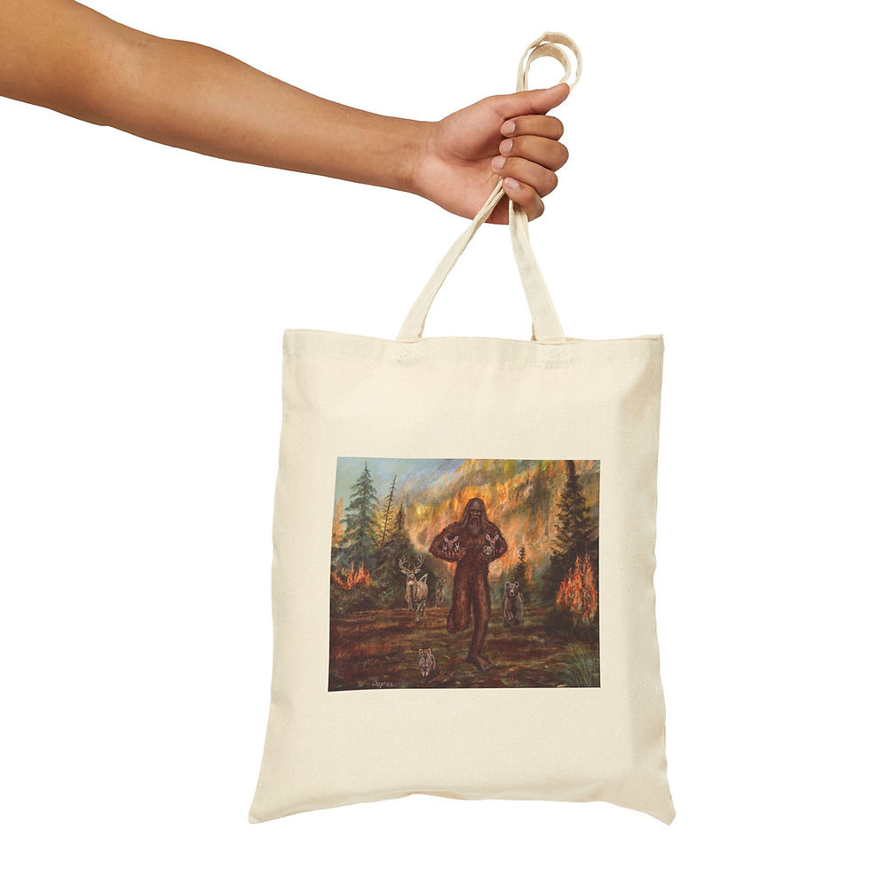 Thumbnail: Bigfoot saves baby animals from a forest fire. Cotton Canvas Tote Bag.