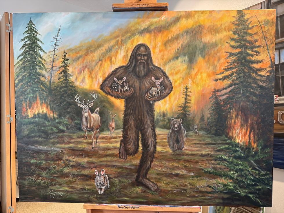 Bigfoot saves forest babies running through a fire carrying animals.  Original