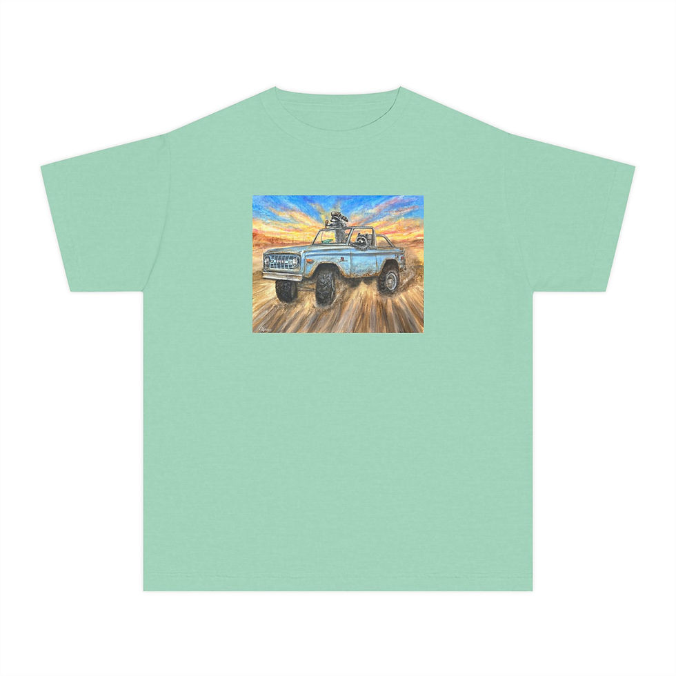 Thumbnail: Youth T-Shirt. Kip and Ricky in a bronco. Raccoons driving down a dirt road