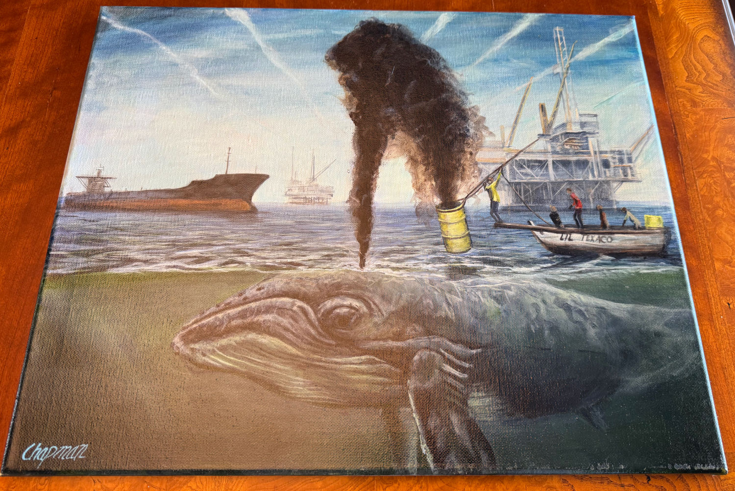 Humpback Whale oil harvested at sea with tanker and oil rig. Original