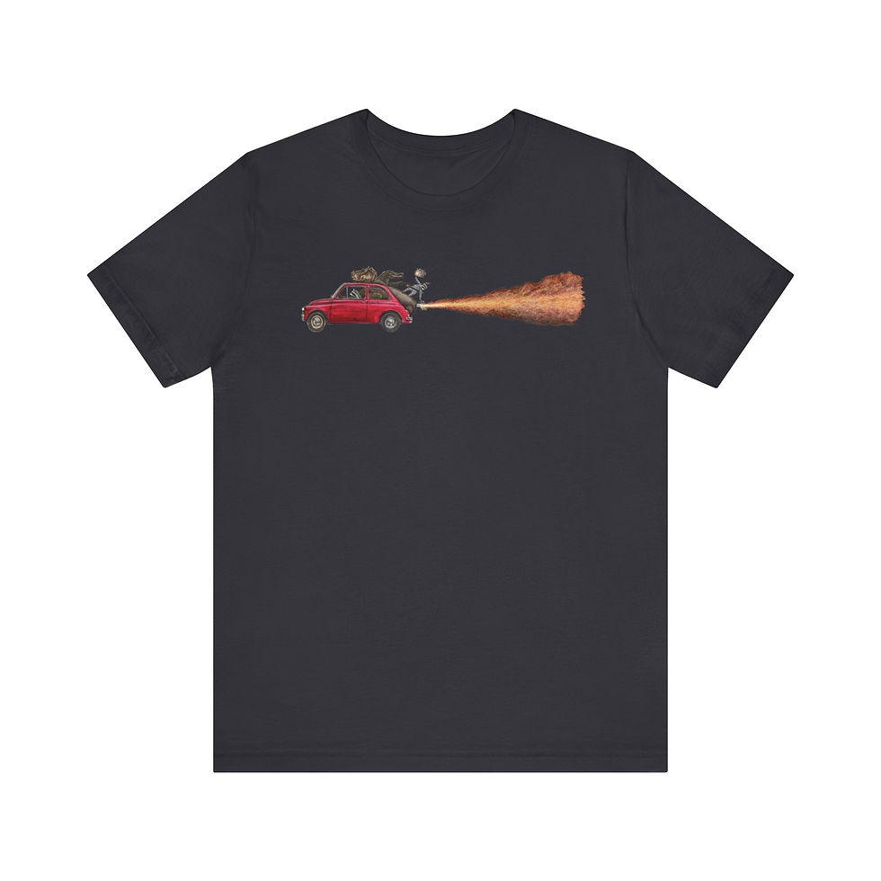 Thumbnail: Hippo powered rocket fart fiat 500 Kip. raccoon red rocket car. Short Sleeve Tee
