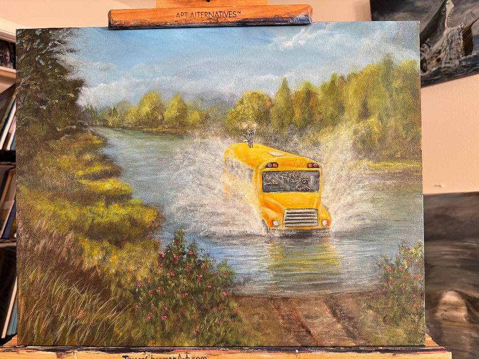 Tennessee bus ride Ricky driving through a river in raccoon school bus original