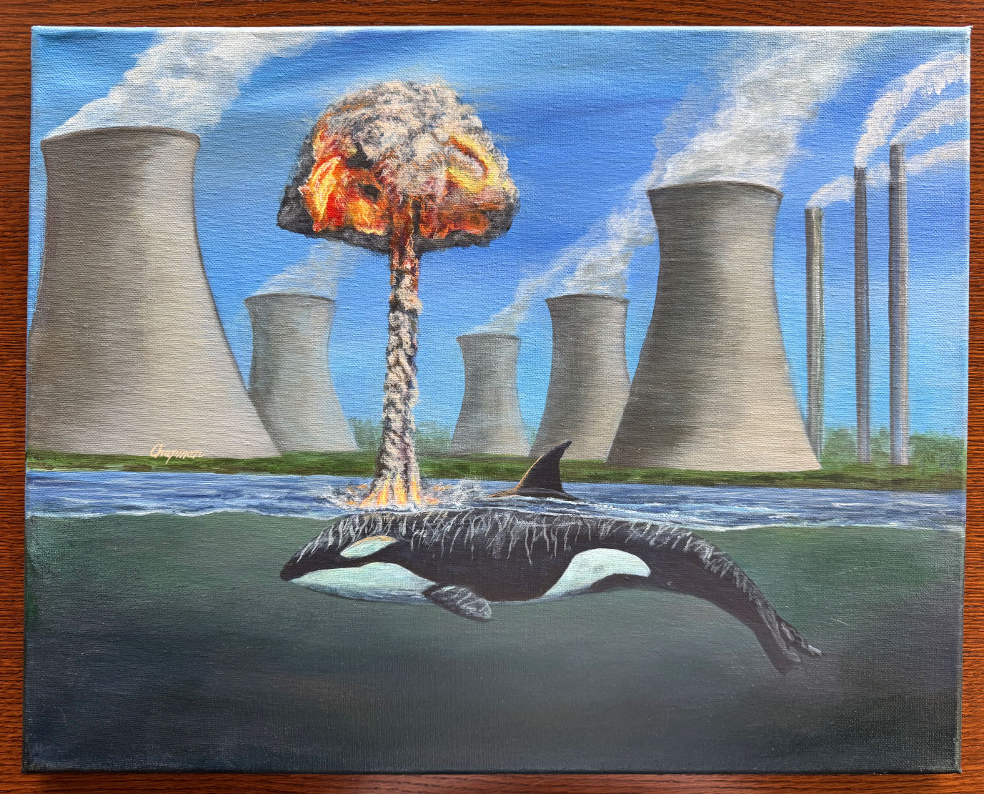Nuclear orca whale with atomic explosion, spout, original nuclear plant original