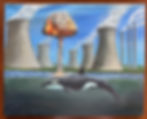 Nuclear orca whale with atomic explosion, spout, original nuclear plant original