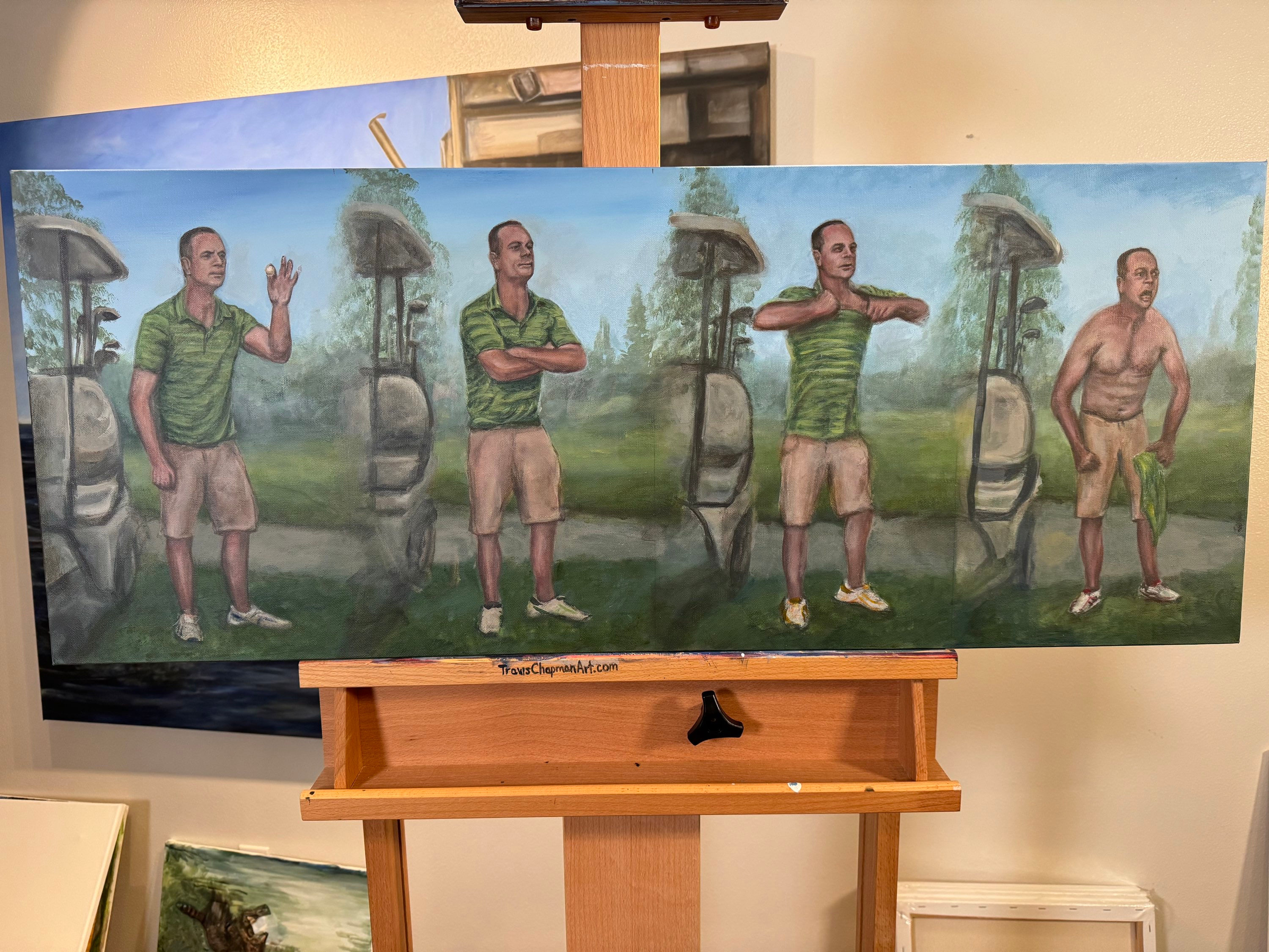 Golf guy loses it takes the shirt off original painting