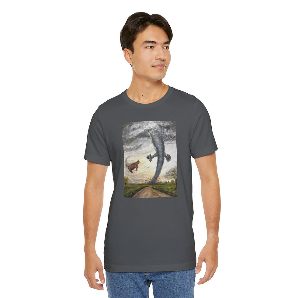 Thumbnail: Cow flying in a Tornado with pistols.  Short Sleeve Tee. 