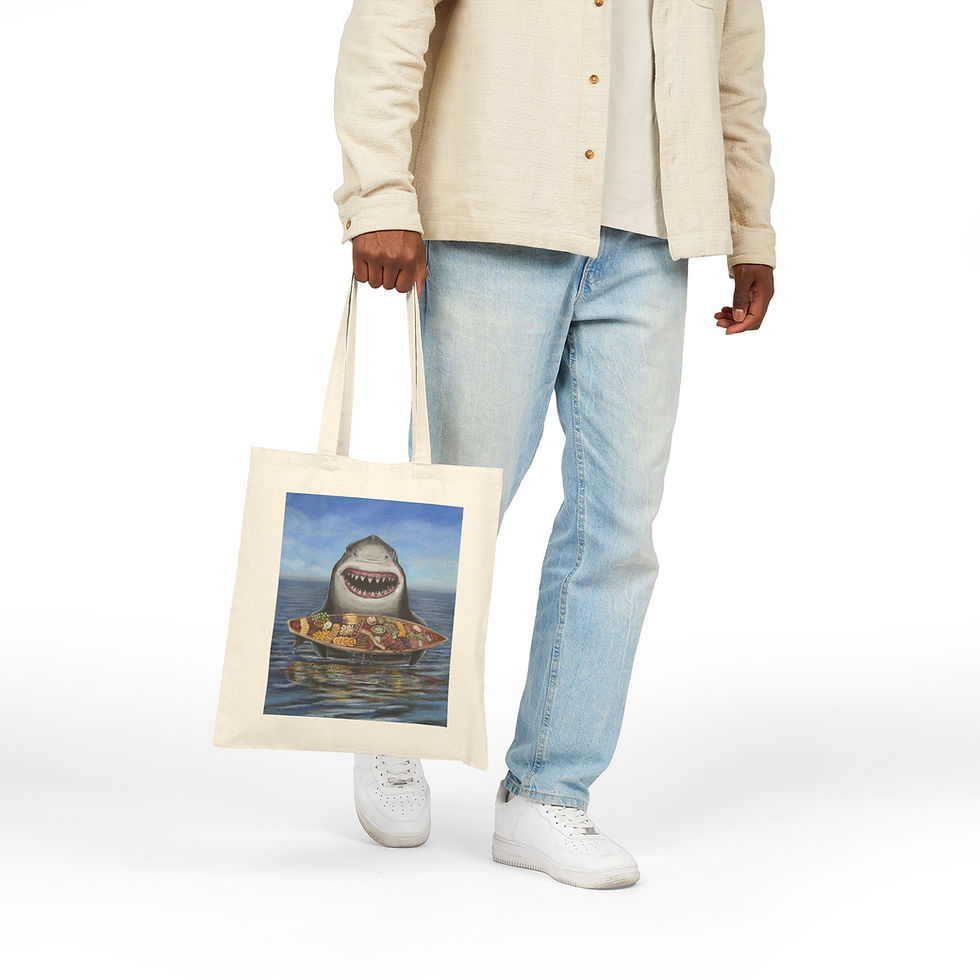 Thumbnail: Sharkuterie. Shark holding a charcuterie board. Cotton Canvas Tote Bag.