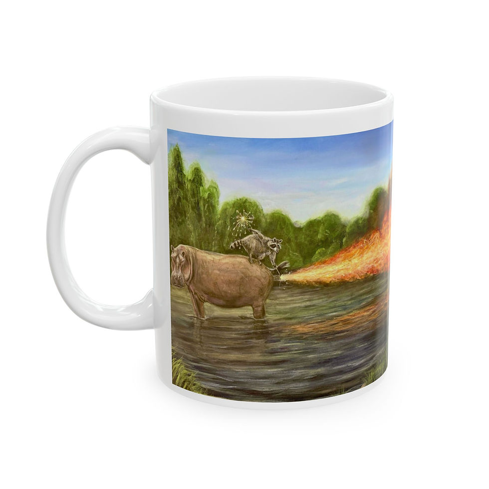 Thumbnail: Raccoon lights a hippo fart, capybaras defend. Ceramic Mug 11oz or 15oz