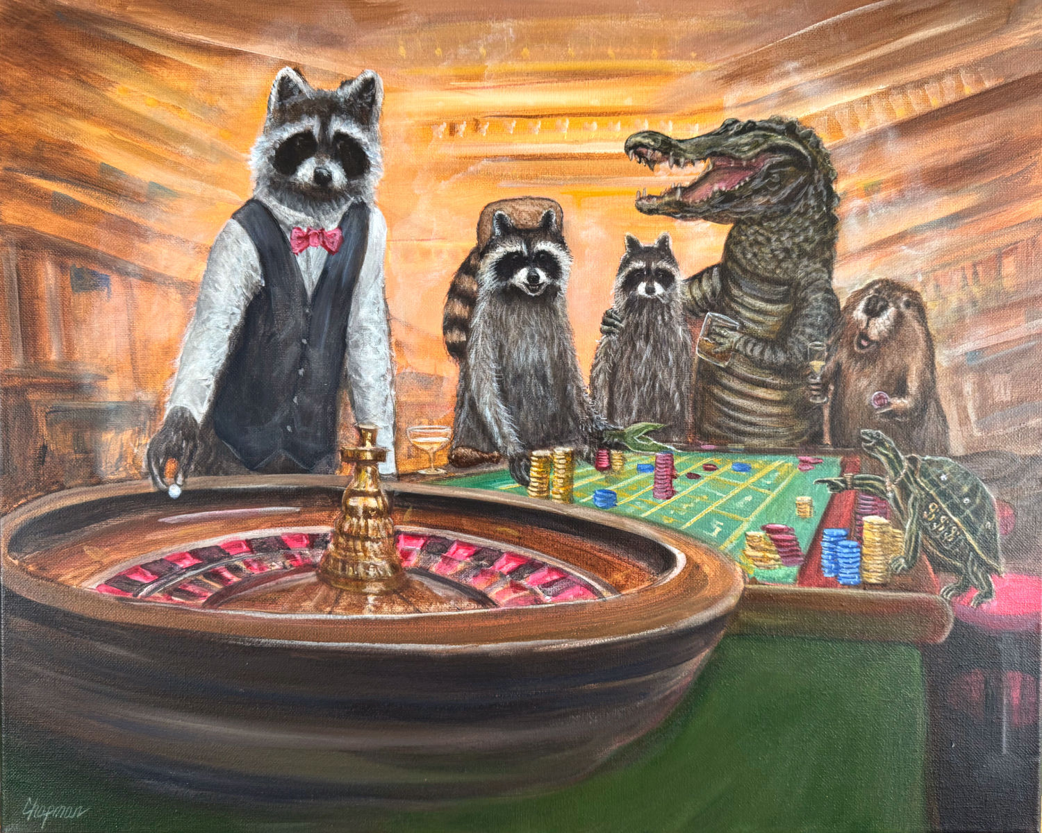 Kip casino a turtle beaver, alligator and raccoons playing roulette.