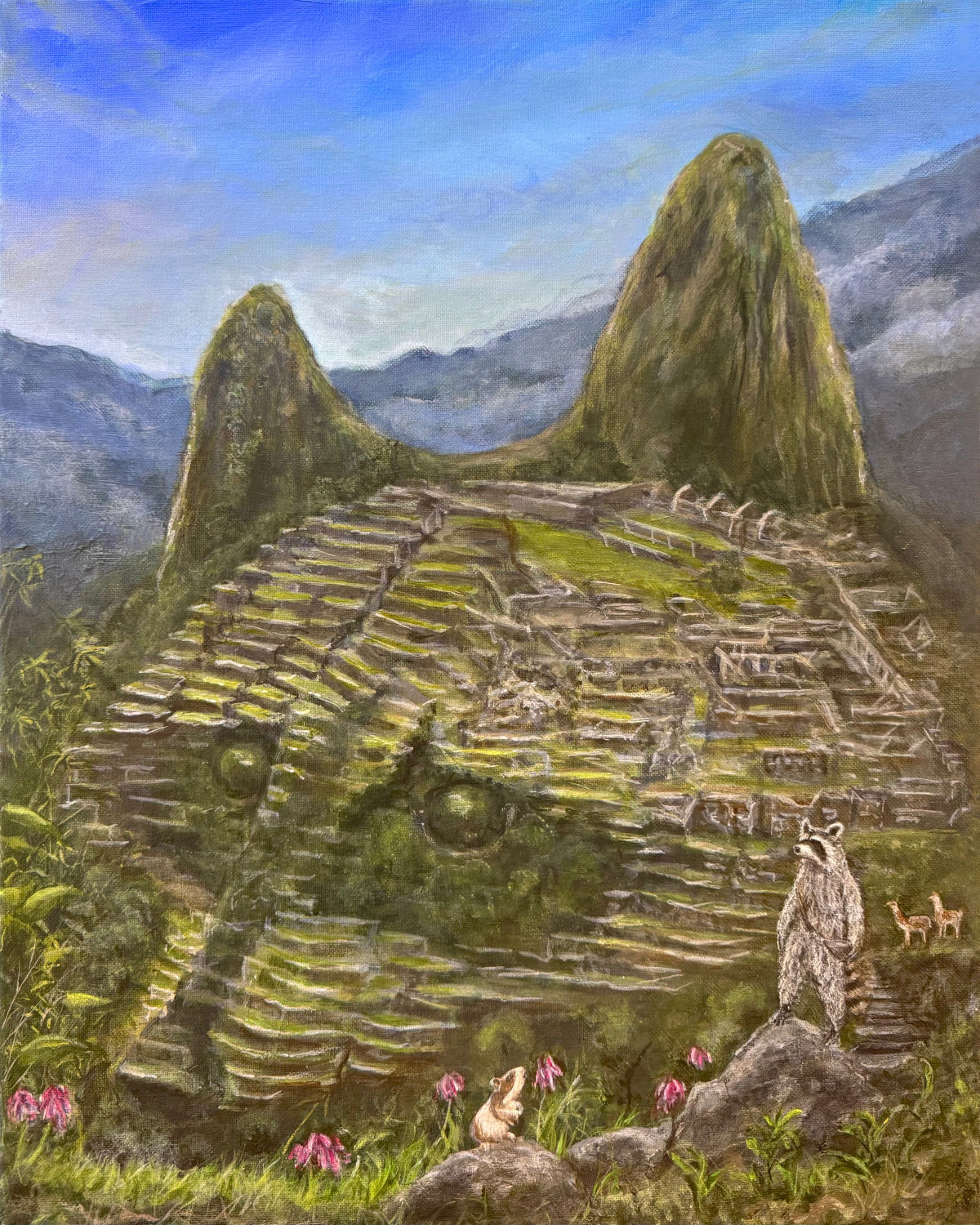 Mapache Picchu raccoon face integrated into Machu Picchu.