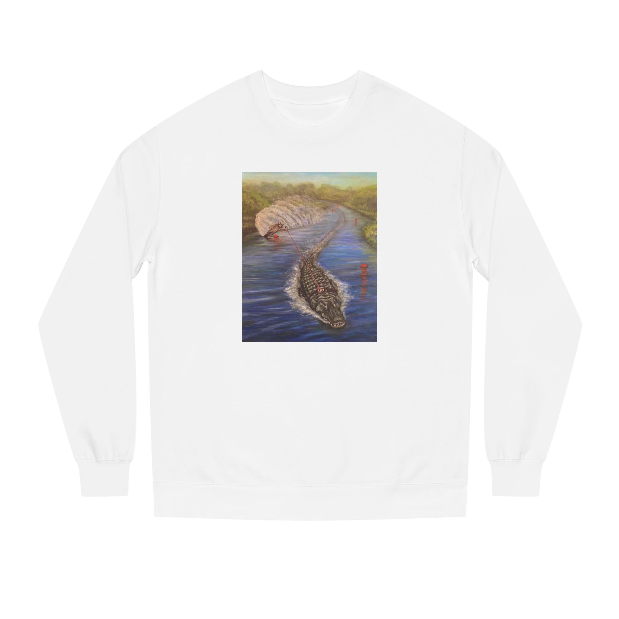 Raccoon water skiing behind alligator Unisex Crew Neck Sweatshirt