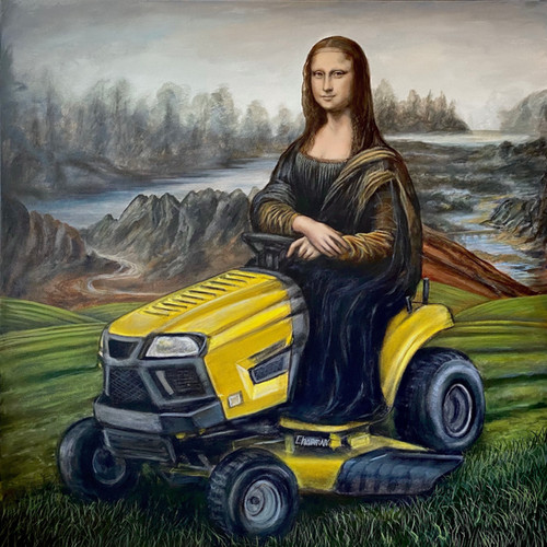 Mona Lisa on a lawn mower.