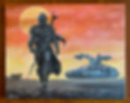 Mandalorian walking with DeLorean speeder Sunset sand crawler. Original 16”x20”