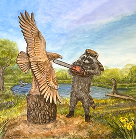 Frank carves an eagle with chainsaw Raccoons and gator in background