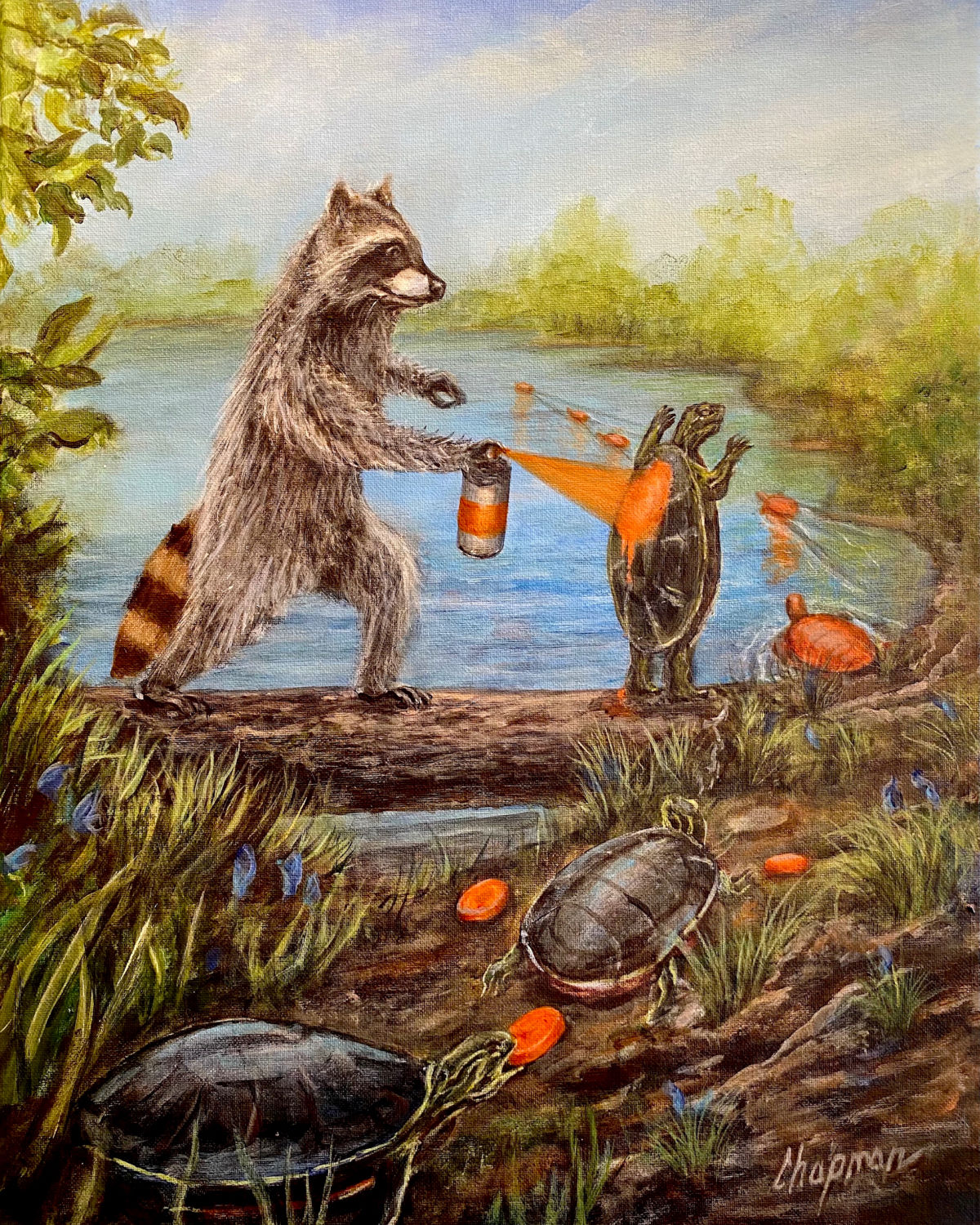 Raccoon spray painting turtles, so they can be buoys for his water skiing.