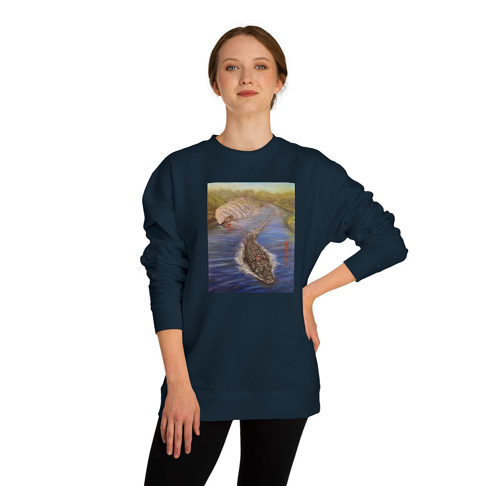Thumbnail: Raccoon water skiing behind alligator Unisex Crew Neck Sweatshirt