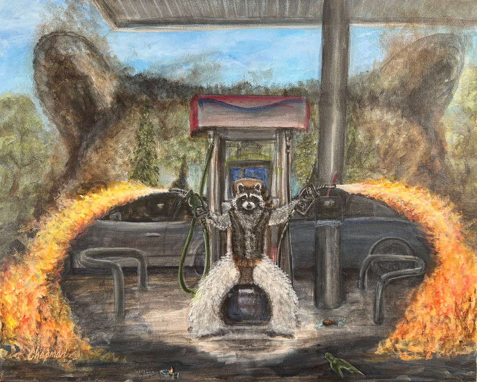 Ricky raccoon flamethrower gas station with raccoon face background.