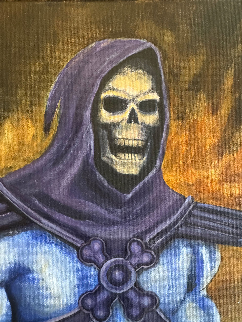 Thumbnail: Skeletor pumping iron in the gray skull gym lifting weights with fire original