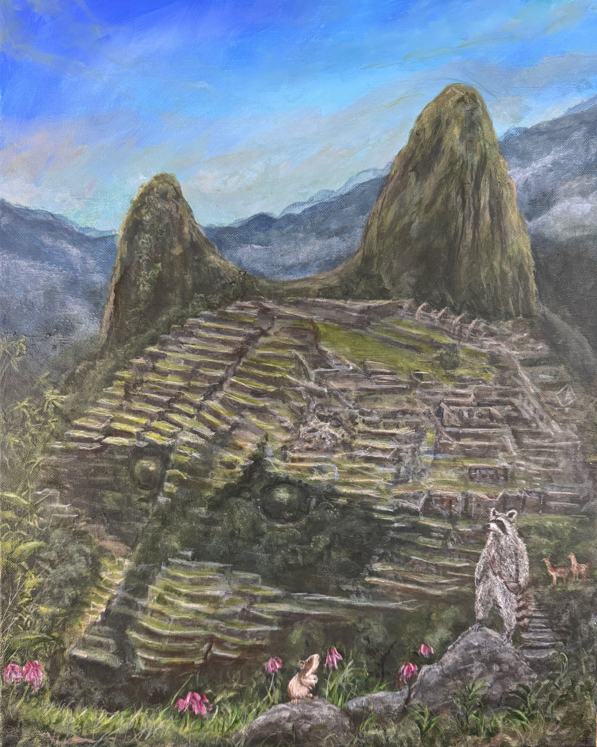 Mapache Picchu raccoon face integrated into Machu Picchu