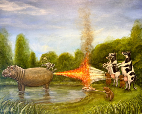 Hippo, fart, milk battle, creme brulee harvest capybara raccoon cows. | Travis Chapman Art