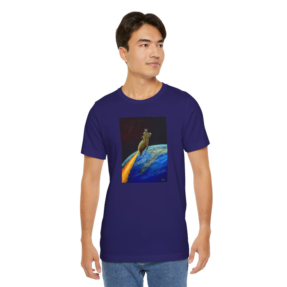 Kip, the raccoon rides a hippo rocket. Unisex Jersey Short Sleeve Tee