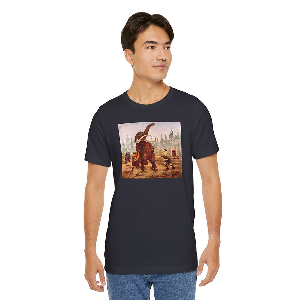 Thumbnail: Prehistoric puppets takedown woolly mammoth. Unisex Jersey Short Sleeve Tee