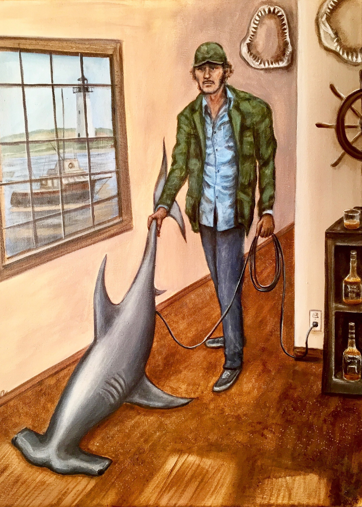Quint vacuuming with a hammerhead shark. Marina out the window.
