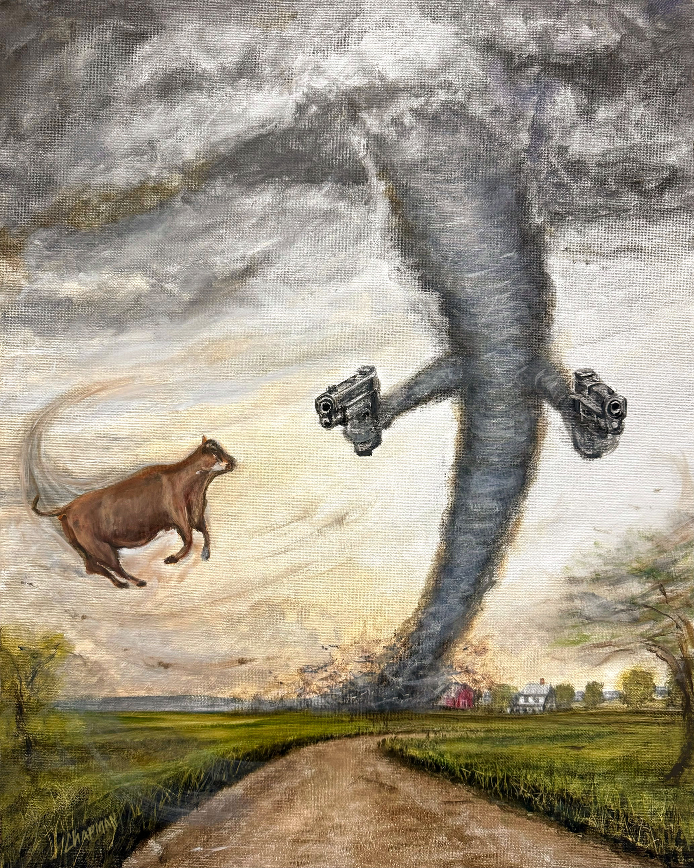 Cow flying in a Tornado with pistols.