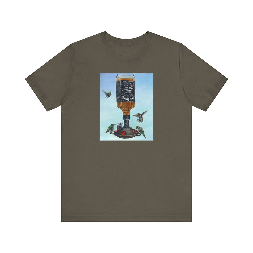 Thumbnail: Humming Birds Drinking Whisky from a Feeder. Unisex Jersey Short Sleeve Tee