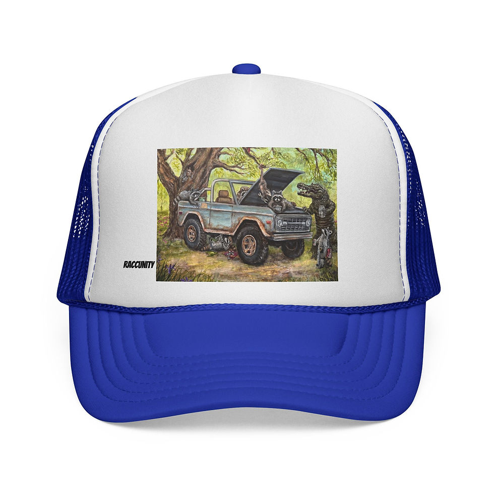 Thumbnail: Raccunity. Shade Tree Mechanic. Raccoon and Friends with Bronco. Trucker Cap