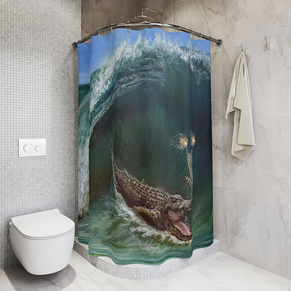Thumbnail: Raccoon surfing on a large alligator holding sparklers.- Shower Curtain. 
