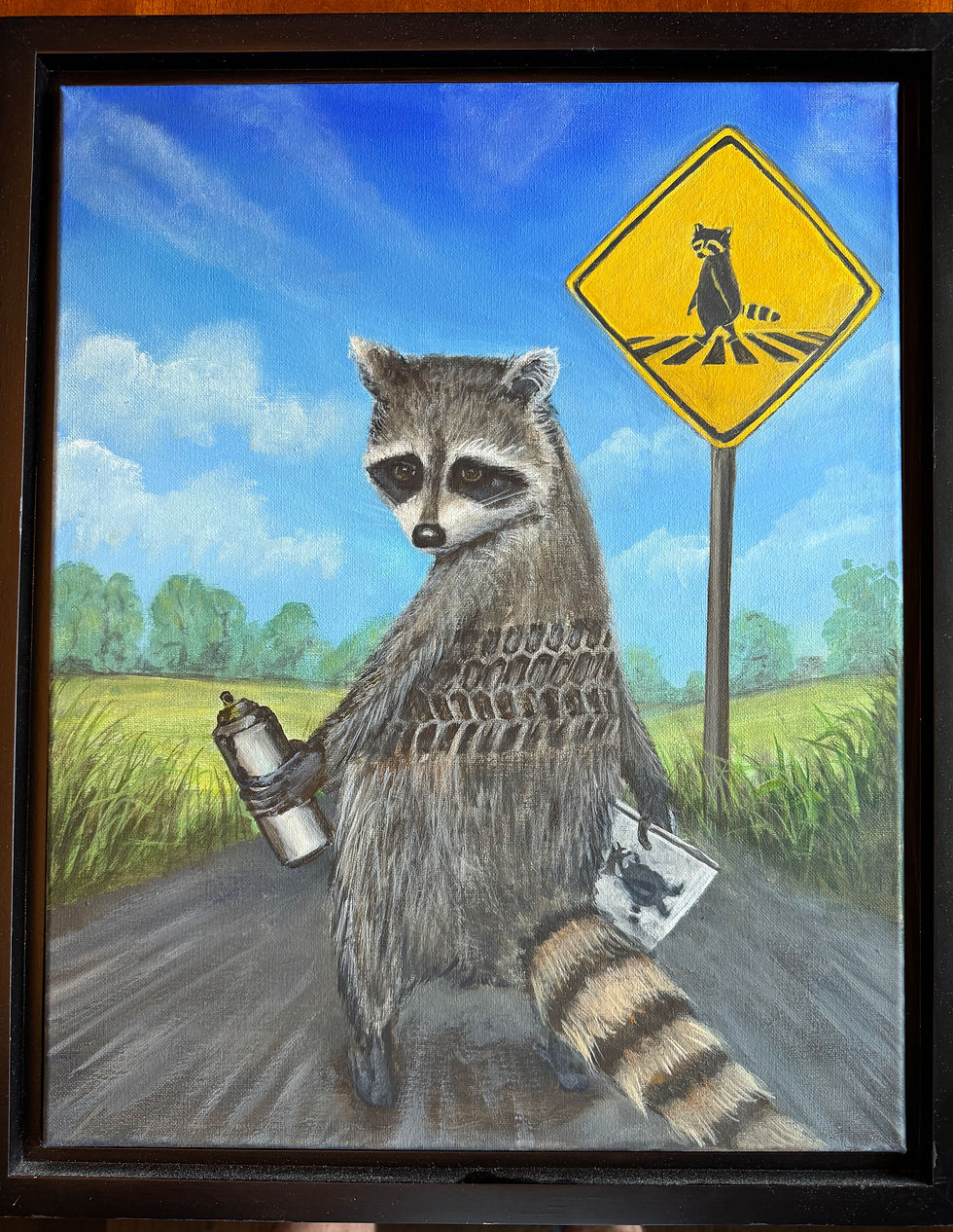 Raccoon crossing. Raccoon with tire tracks on his back  original painting 16”x20