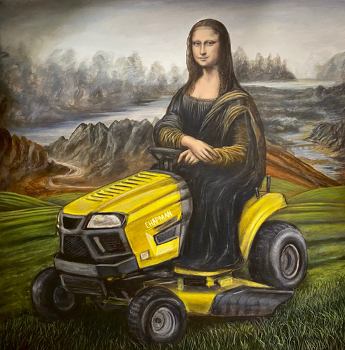 Riding Mownalisa. Mona lisa on a riding lawnmower. Original