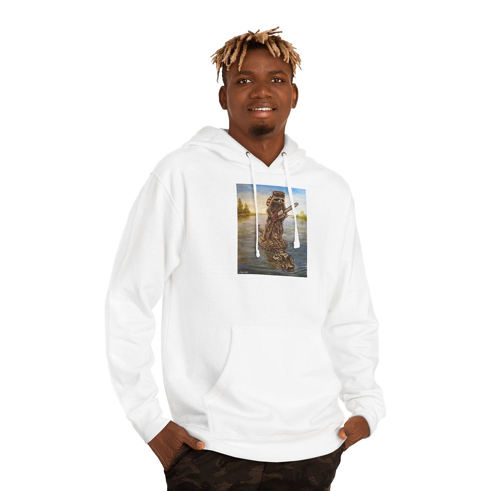 Thumbnail: Raccoon wearing coonskin hat holding a chainsaw. Unisex Hooded Sweatshirt